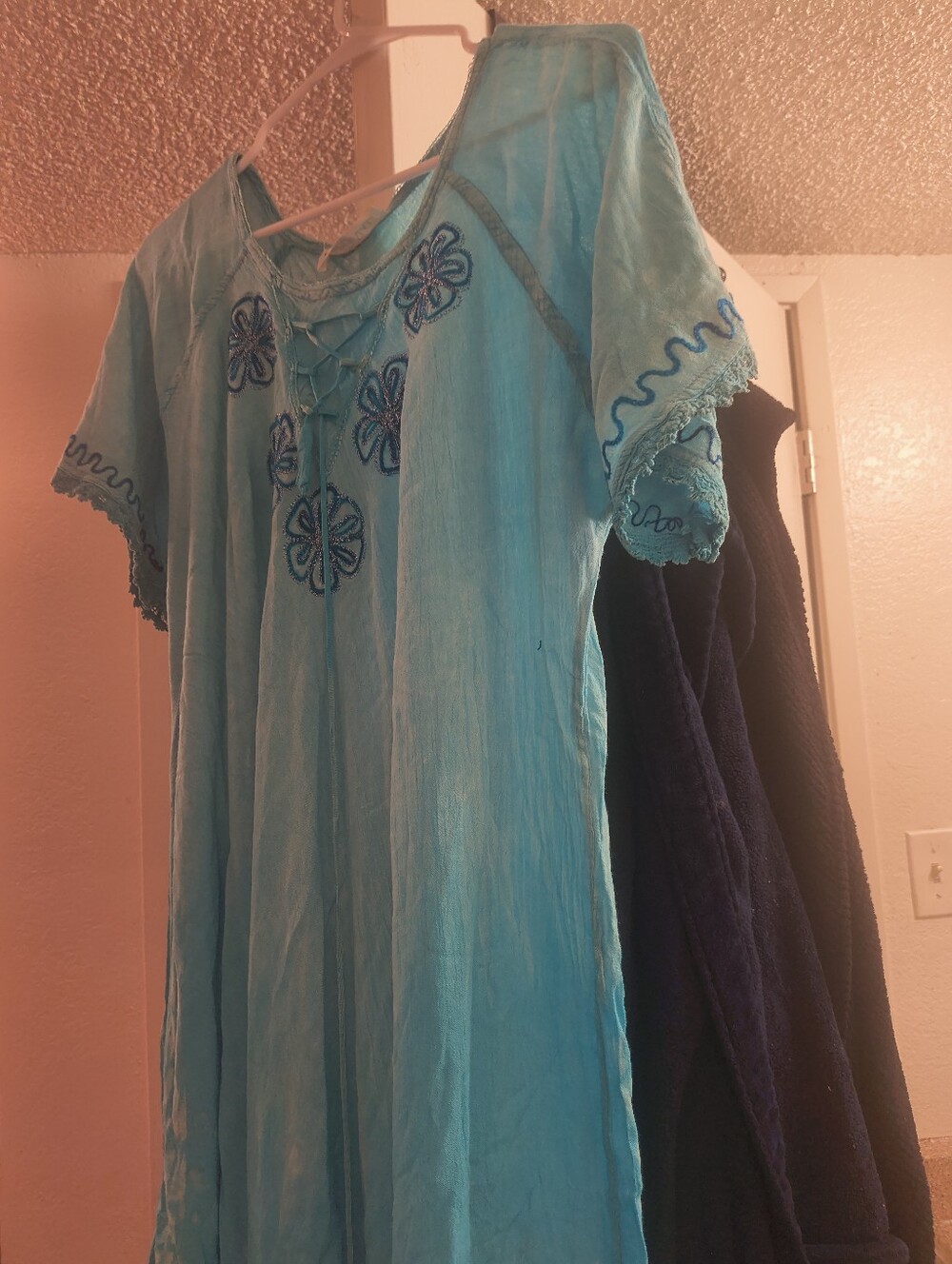 Original Use Turquoise Blue Embroidered Cotton Tunic Dress